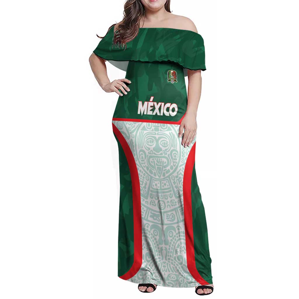 Custom Mexico Football Family Matching Off Shoulder Maxi Dress and Hawaiian Shirt Aztec Pattern - Wonder Print Shop