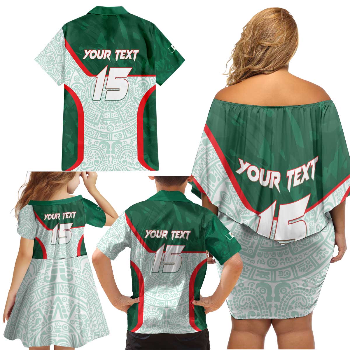 Custom Mexico Football Family Matching Off Shoulder Short Dress and Hawaiian Shirt Aztec Pattern - Wonder Print Shop