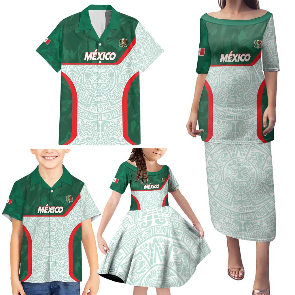 Custom Mexico Football Family Matching Puletasi and Hawaiian Shirt Aztec Pattern - Wonder Print Shop