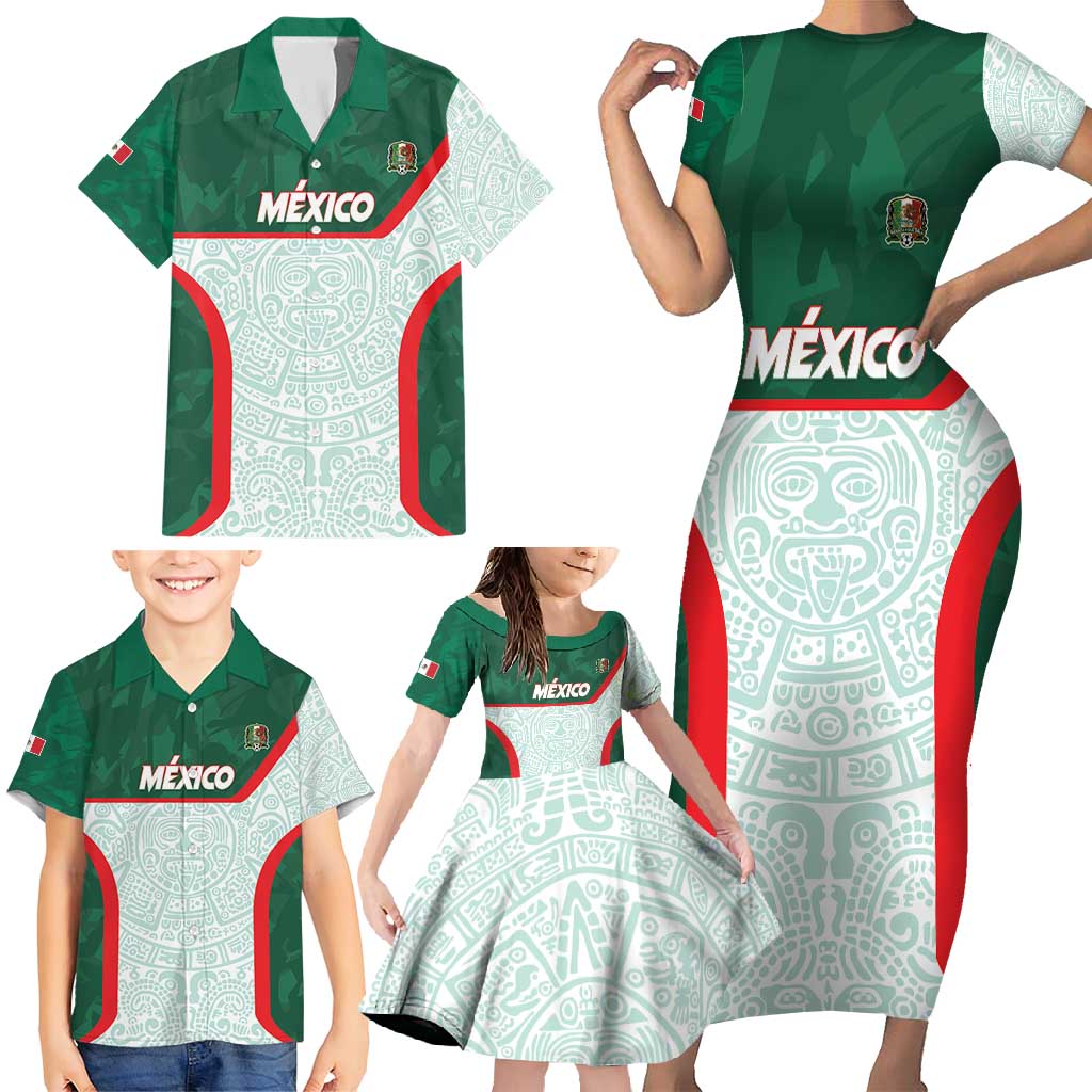 Custom Mexico Football Family Matching Short Sleeve Bodycon Dress and Hawaiian Shirt Aztec Pattern - Wonder Print Shop