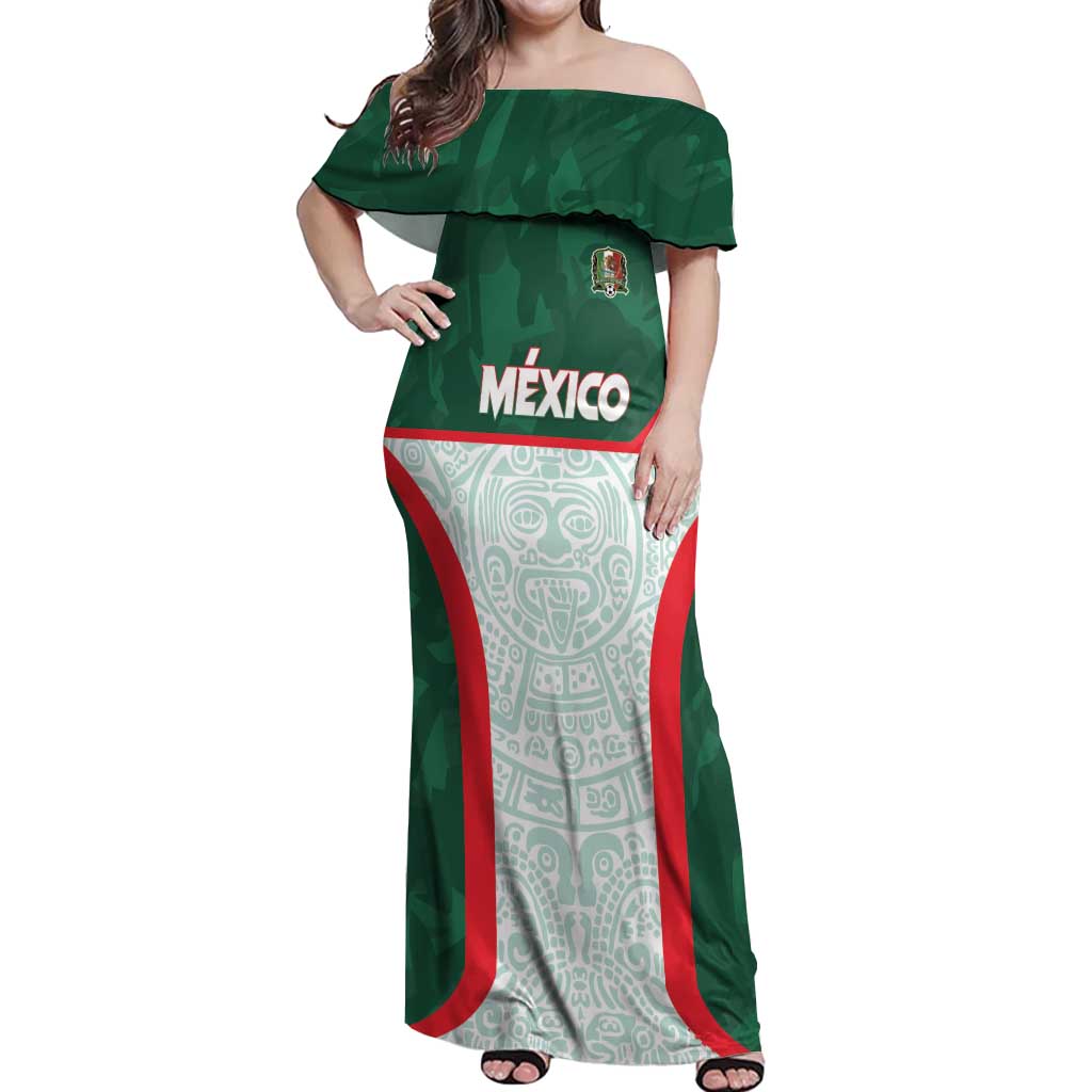 Custom Mexico Football Off Shoulder Maxi Dress Aztec Pattern - Wonder Print Shop