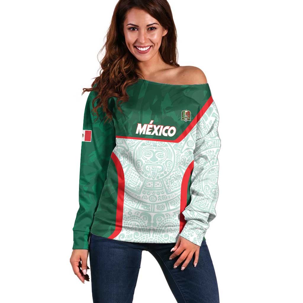 Custom Mexico Football Off Shoulder Sweater Aztec Pattern - Wonder Print Shop