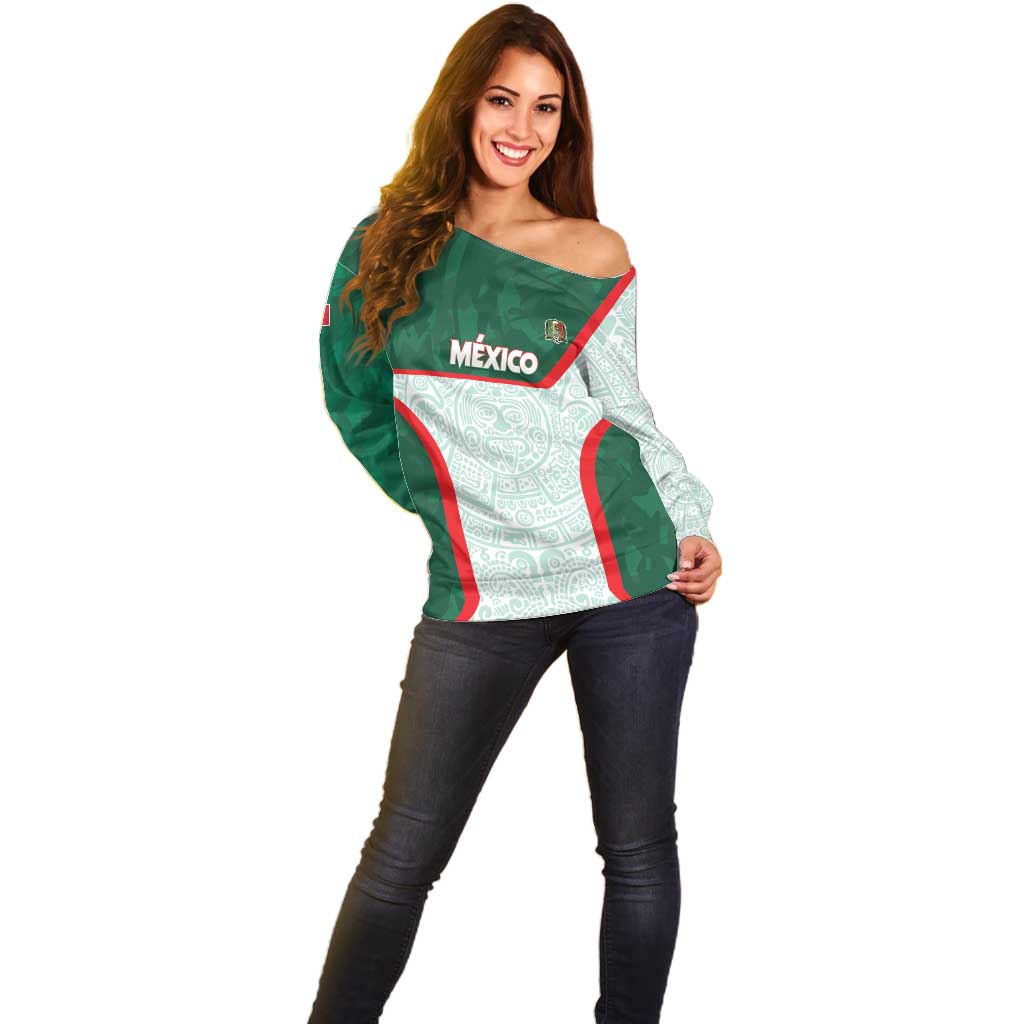 Custom Mexico Football Off Shoulder Sweater Aztec Pattern - Wonder Print Shop