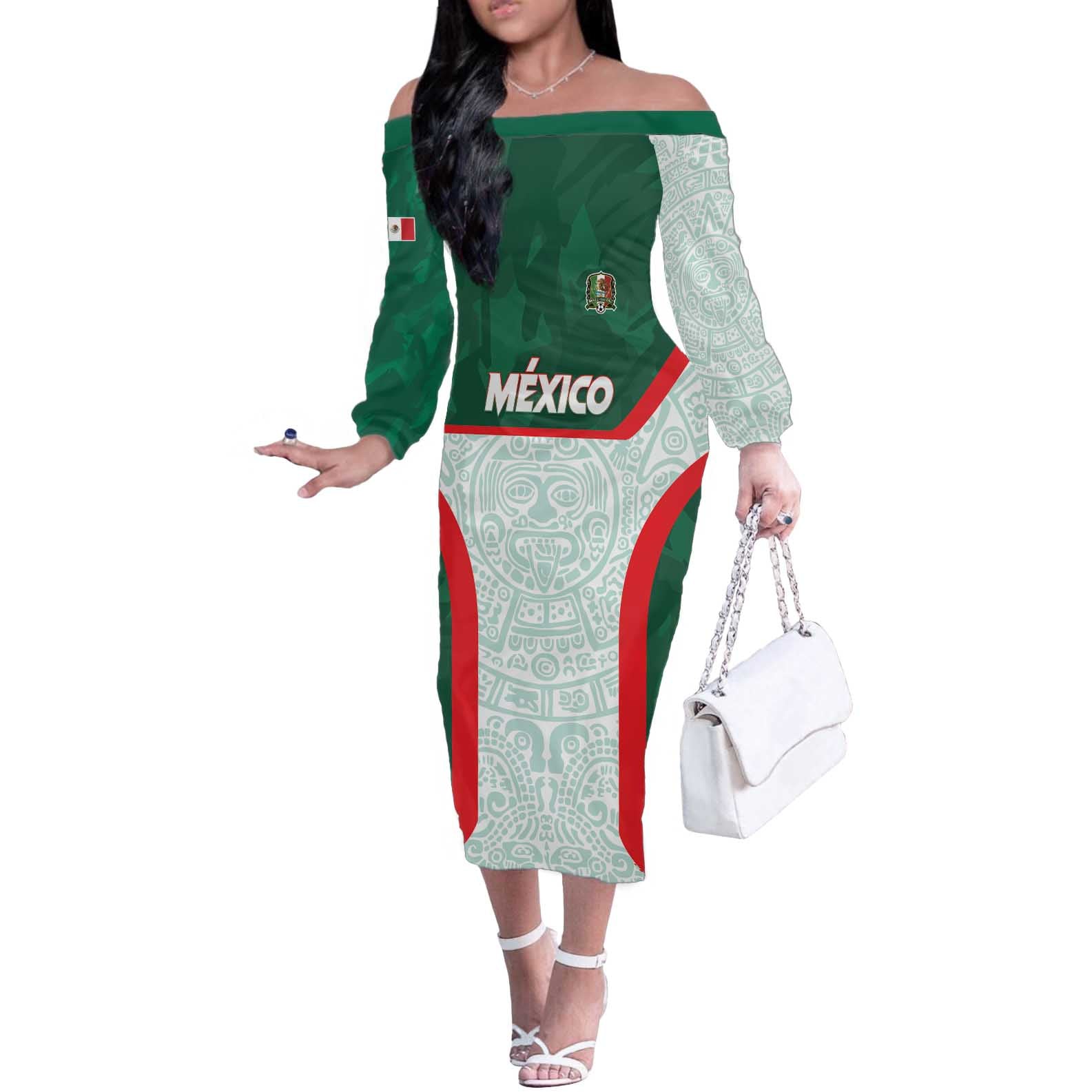 Custom Mexico Football Off The Shoulder Long Sleeve Dress Aztec Pattern - Wonder Print Shop