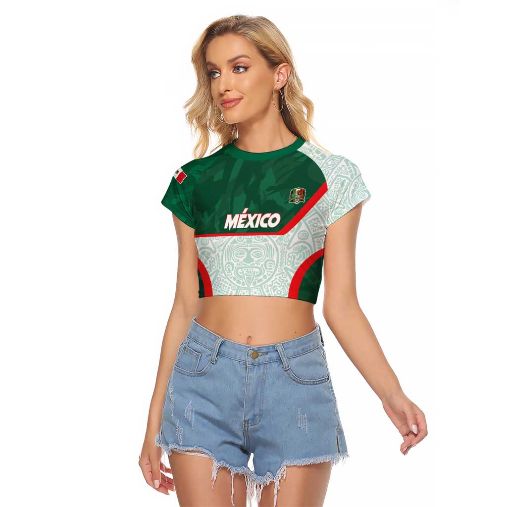Custom Mexico Football Raglan Cropped T Shirt Aztec Pattern - Wonder Print Shop