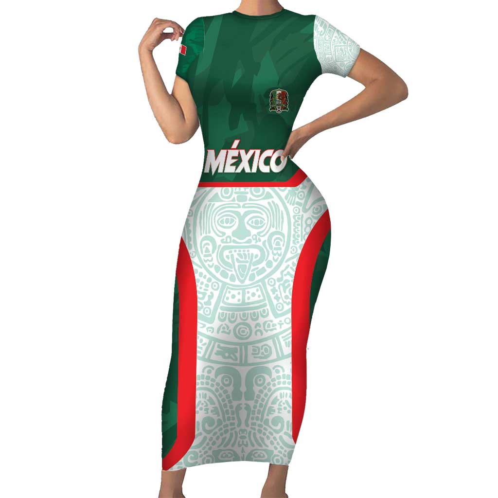 Custom Mexico Football Short Sleeve Bodycon Dress Aztec Pattern - Wonder Print Shop