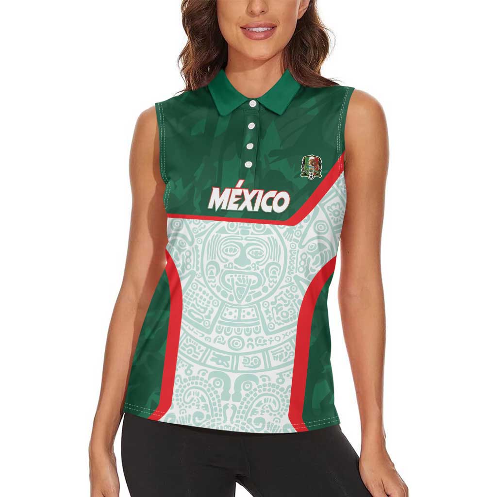 Custom Mexico Football Women Sleeveless Polo Shirt Aztec Pattern - Wonder Print Shop