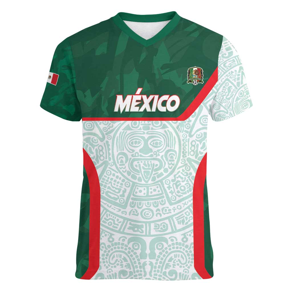 Custom Mexico Football Women V-Neck T-Shirt Aztec Pattern - Wonder Print Shop
