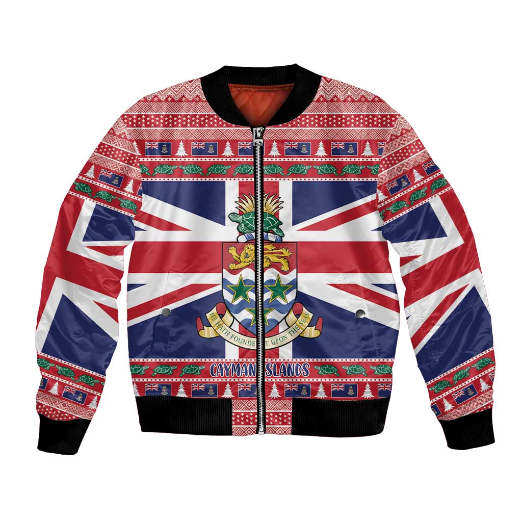 Cayman Islands Christmas Bomber Jacket Coat Of Arms - Flag Style - Wonder Print Shop
