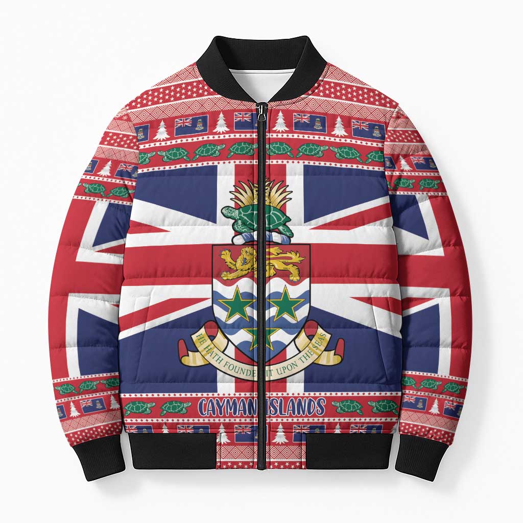 Cayman Islands Christmas Bomber Puffer Jacket Coat Of Arms - Flag Style - Wonder Print Shop