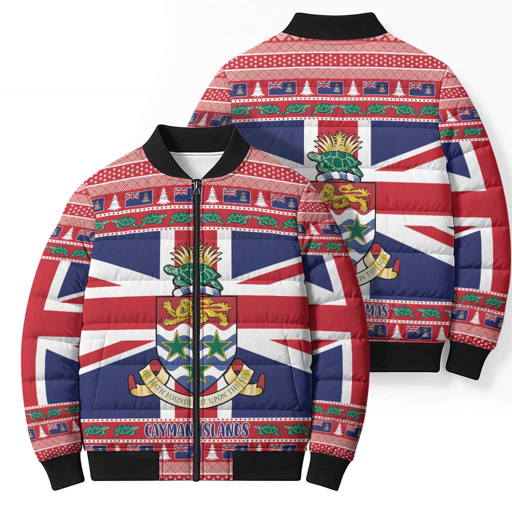 Cayman Islands Christmas Bomber Puffer Jacket Coat Of Arms - Flag Style - Wonder Print Shop