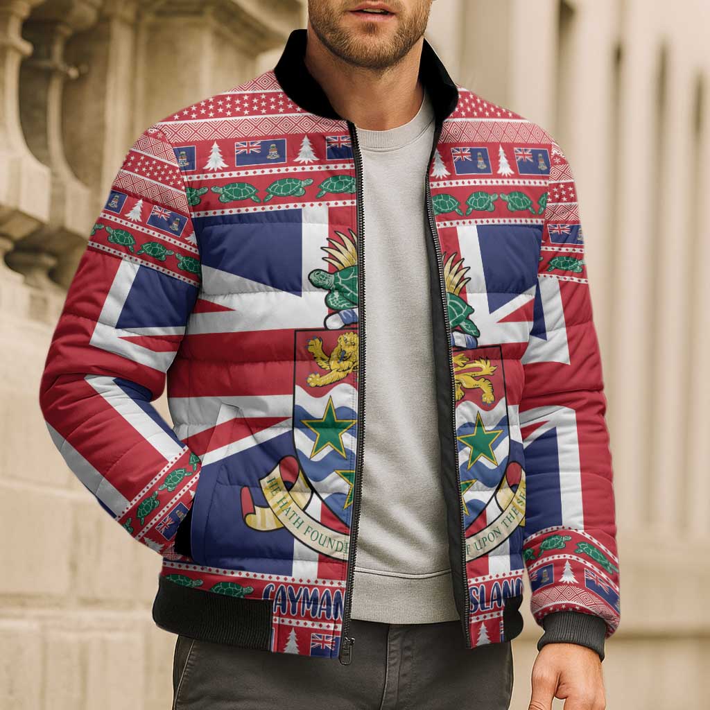 Cayman Islands Christmas Bomber Puffer Jacket Coat Of Arms - Flag Style - Wonder Print Shop