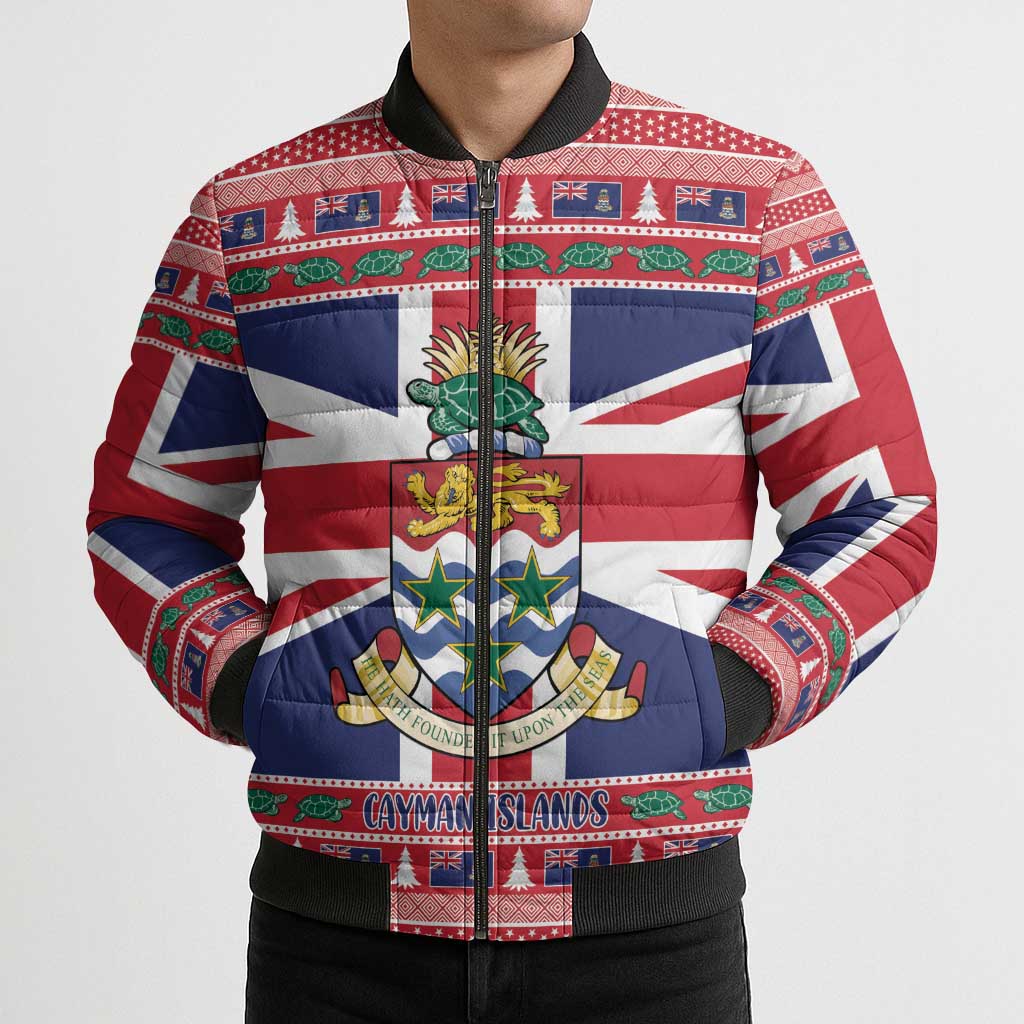Cayman Islands Christmas Bomber Puffer Jacket Coat Of Arms - Flag Style - Wonder Print Shop