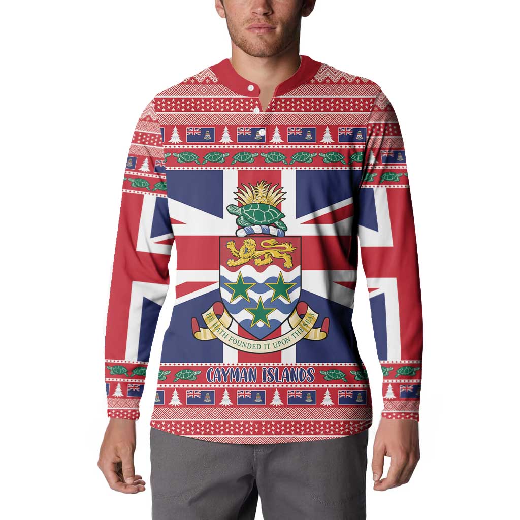 Cayman Islands Christmas Button Sweatshirt Coat Of Arms - Flag Style - Wonder Print Shop