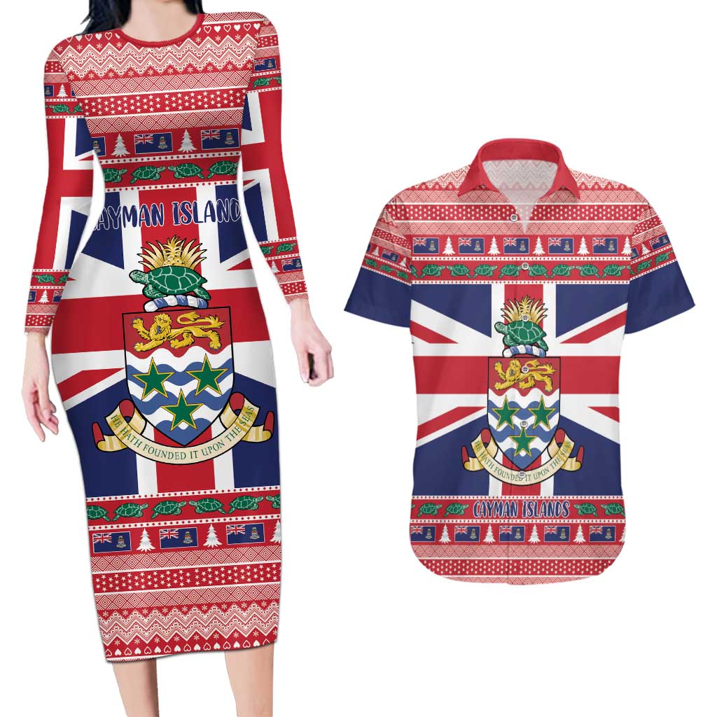 Cayman Islands Christmas Couples Matching Long Sleeve Bodycon Dress and Hawaiian Shirt Coat Of Arms - Flag Style - Wonder Print Shop