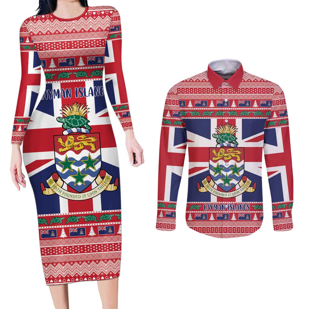 Cayman Islands Christmas Couples Matching Long Sleeve Bodycon Dress and Long Sleeve Button Shirt Coat Of Arms - Flag Style - Wonder Print Shop