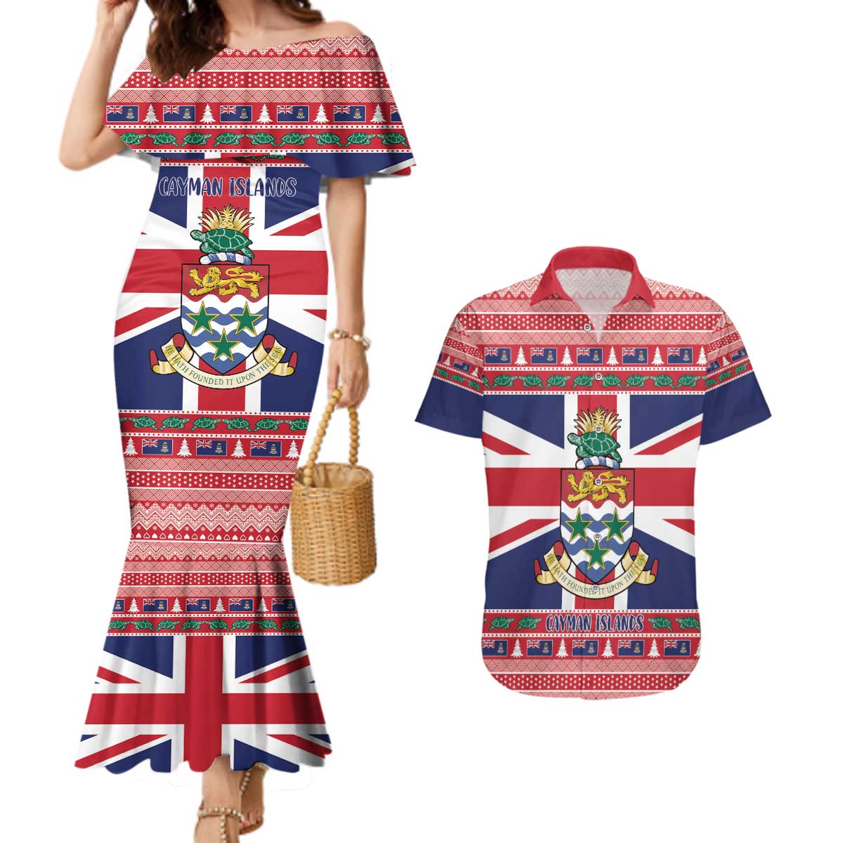 Cayman Islands Christmas Couples Matching Mermaid Dress and Hawaiian Shirt Coat Of Arms - Flag Style - Wonder Print Shop