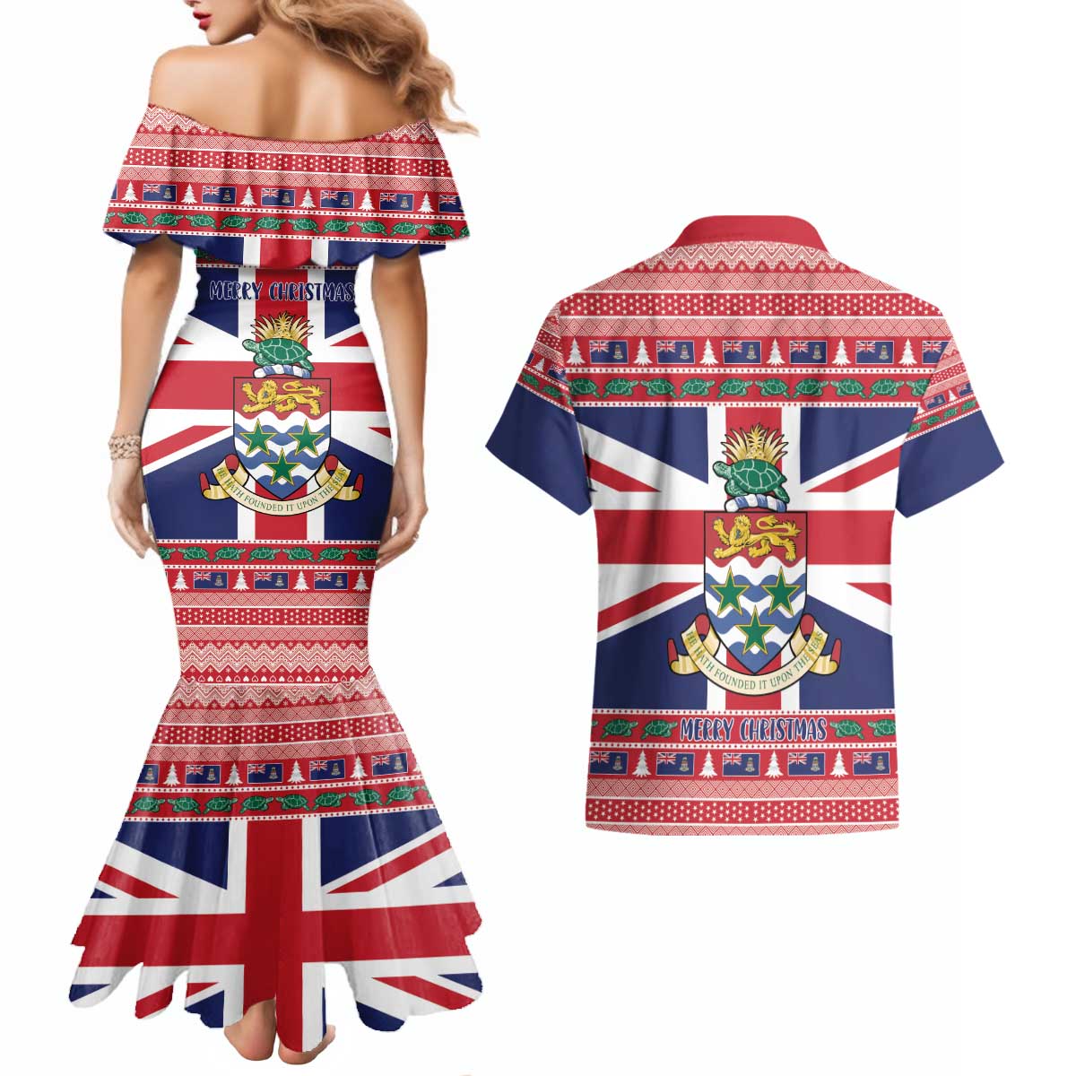 Cayman Islands Christmas Couples Matching Mermaid Dress and Hawaiian Shirt Coat Of Arms - Flag Style - Wonder Print Shop