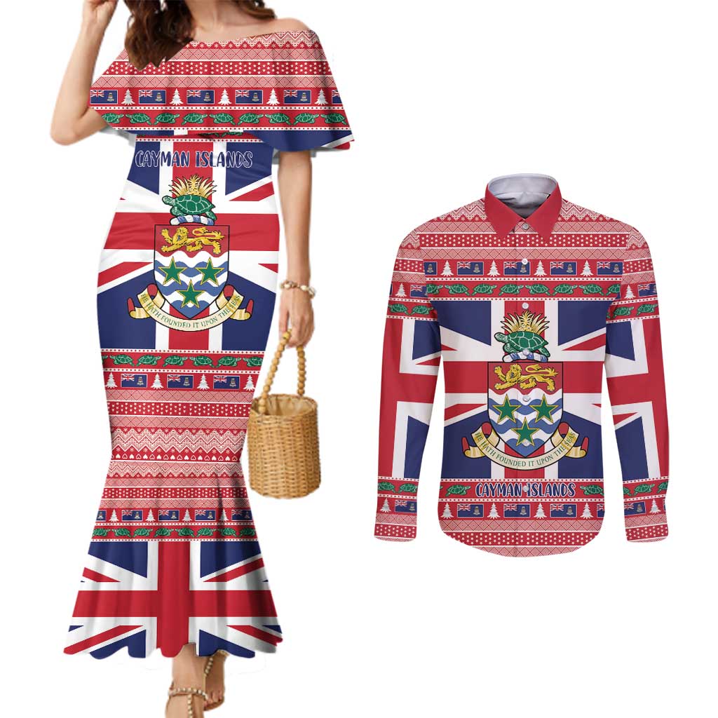 Cayman Islands Christmas Couples Matching Mermaid Dress and Long Sleeve Button Shirt Coat Of Arms - Flag Style - Wonder Print Shop