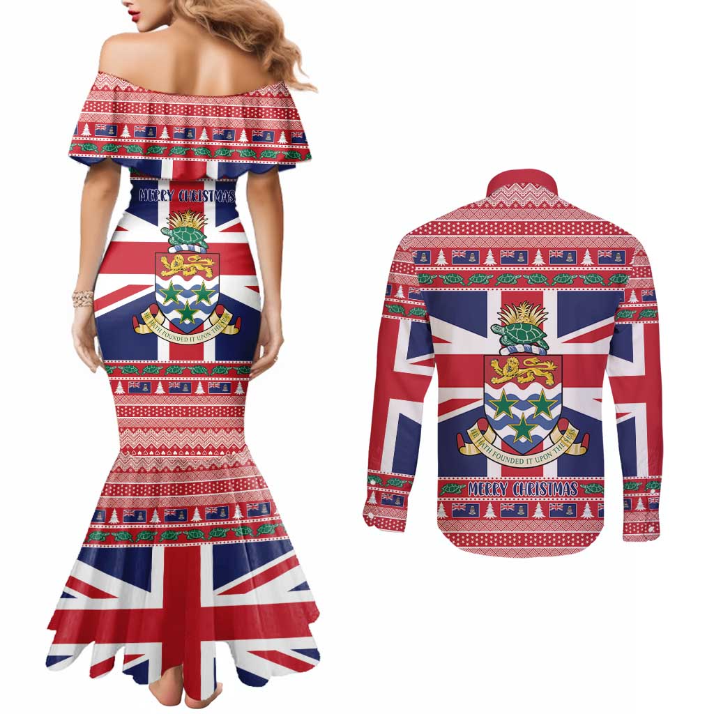 Cayman Islands Christmas Couples Matching Mermaid Dress and Long Sleeve Button Shirt Coat Of Arms - Flag Style - Wonder Print Shop