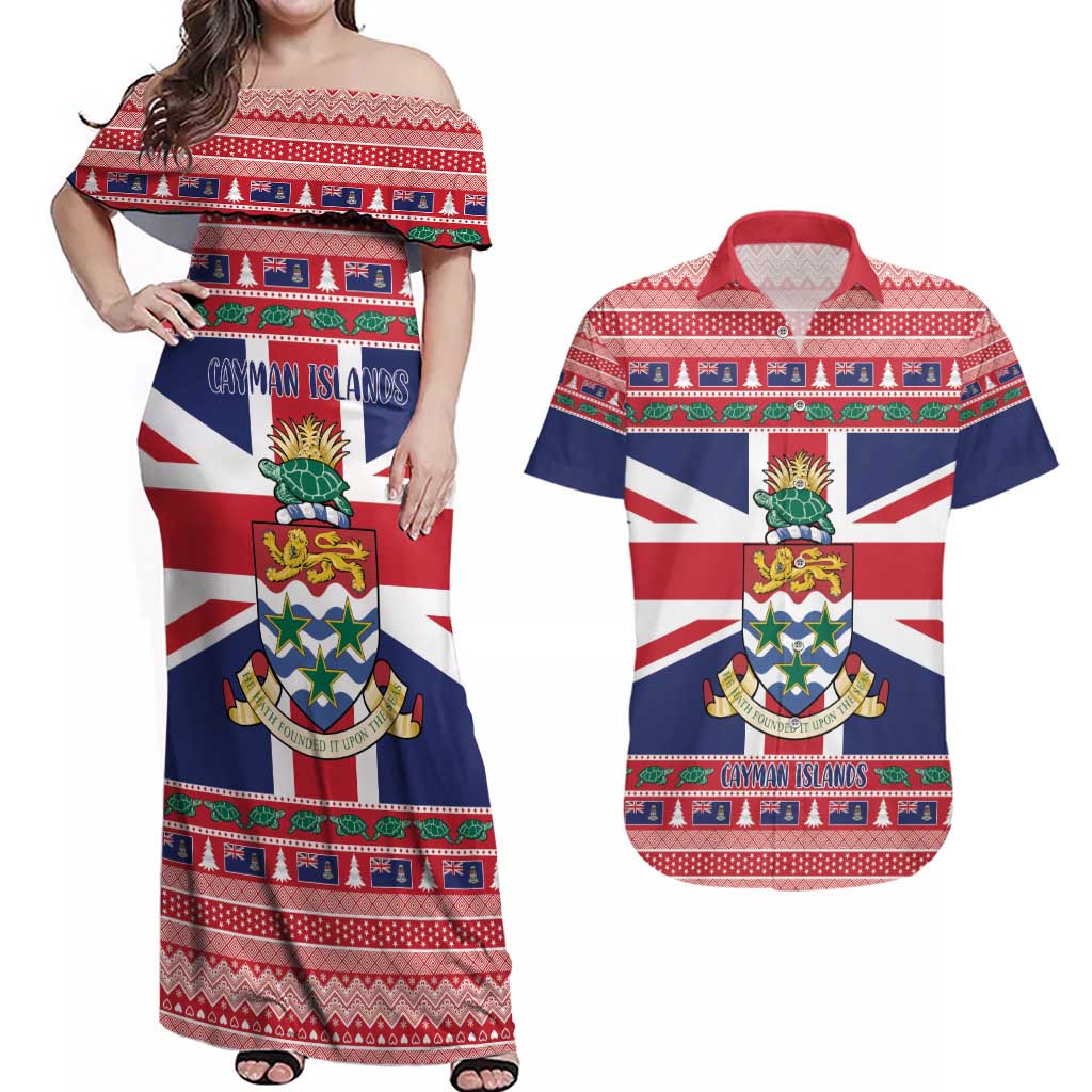 Cayman Islands Christmas Couples Matching Off Shoulder Maxi Dress and Hawaiian Shirt Coat Of Arms - Flag Style - Wonder Print Shop