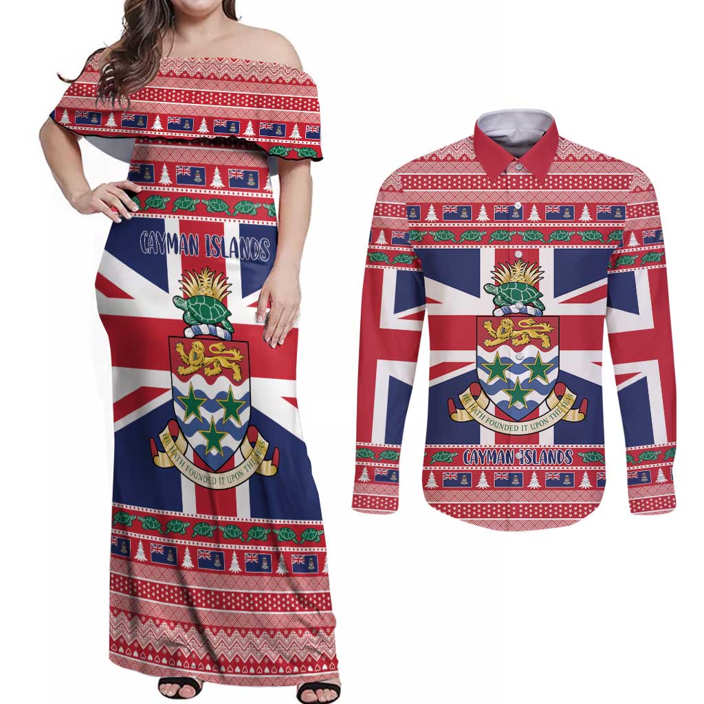 Cayman Islands Christmas Couples Matching Off Shoulder Maxi Dress and Long Sleeve Button Shirt Coat Of Arms - Flag Style - Wonder Print Shop