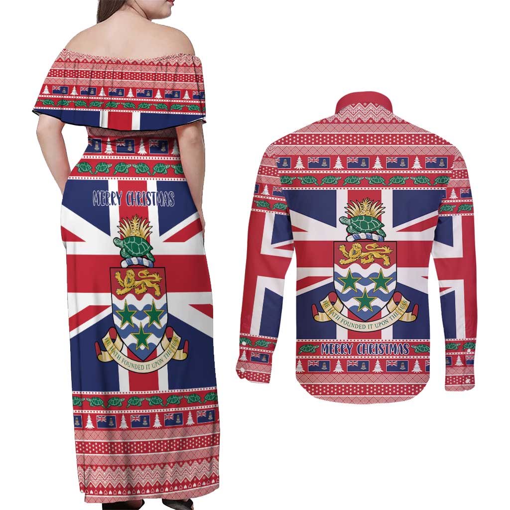 Cayman Islands Christmas Couples Matching Off Shoulder Maxi Dress and Long Sleeve Button Shirt Coat Of Arms - Flag Style - Wonder Print Shop