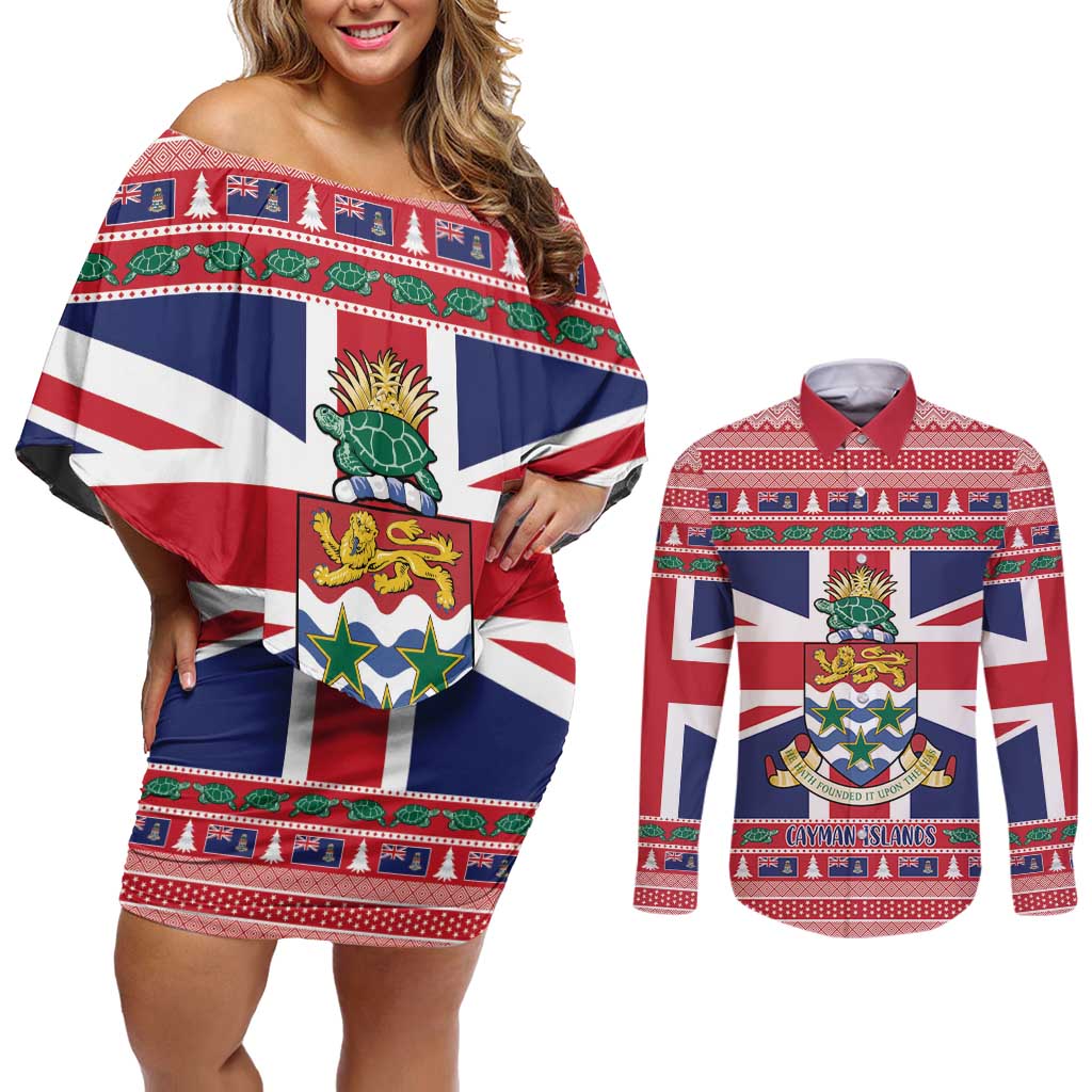 Cayman Islands Christmas Couples Matching Off Shoulder Short Dress and Long Sleeve Button Shirt Coat Of Arms - Flag Style - Wonder Print Shop