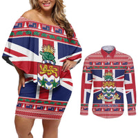 Cayman Islands Christmas Couples Matching Off Shoulder Short Dress and Long Sleeve Button Shirt Coat Of Arms - Flag Style - Wonder Print Shop