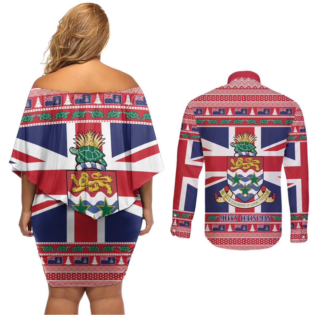 Cayman Islands Christmas Couples Matching Off Shoulder Short Dress and Long Sleeve Button Shirt Coat Of Arms - Flag Style - Wonder Print Shop