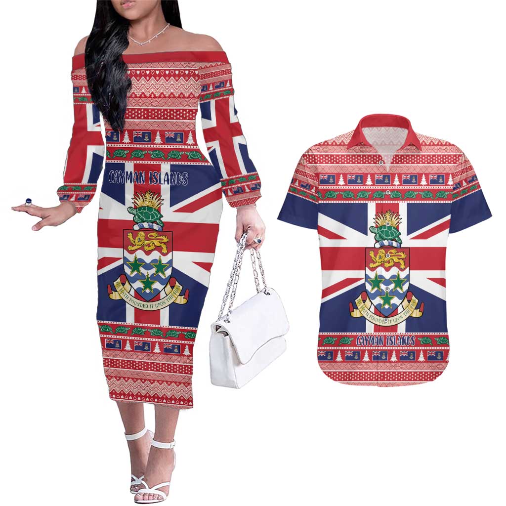 Cayman Islands Christmas Couples Matching Off The Shoulder Long Sleeve Dress and Hawaiian Shirt Coat Of Arms - Flag Style - Wonder Print Shop