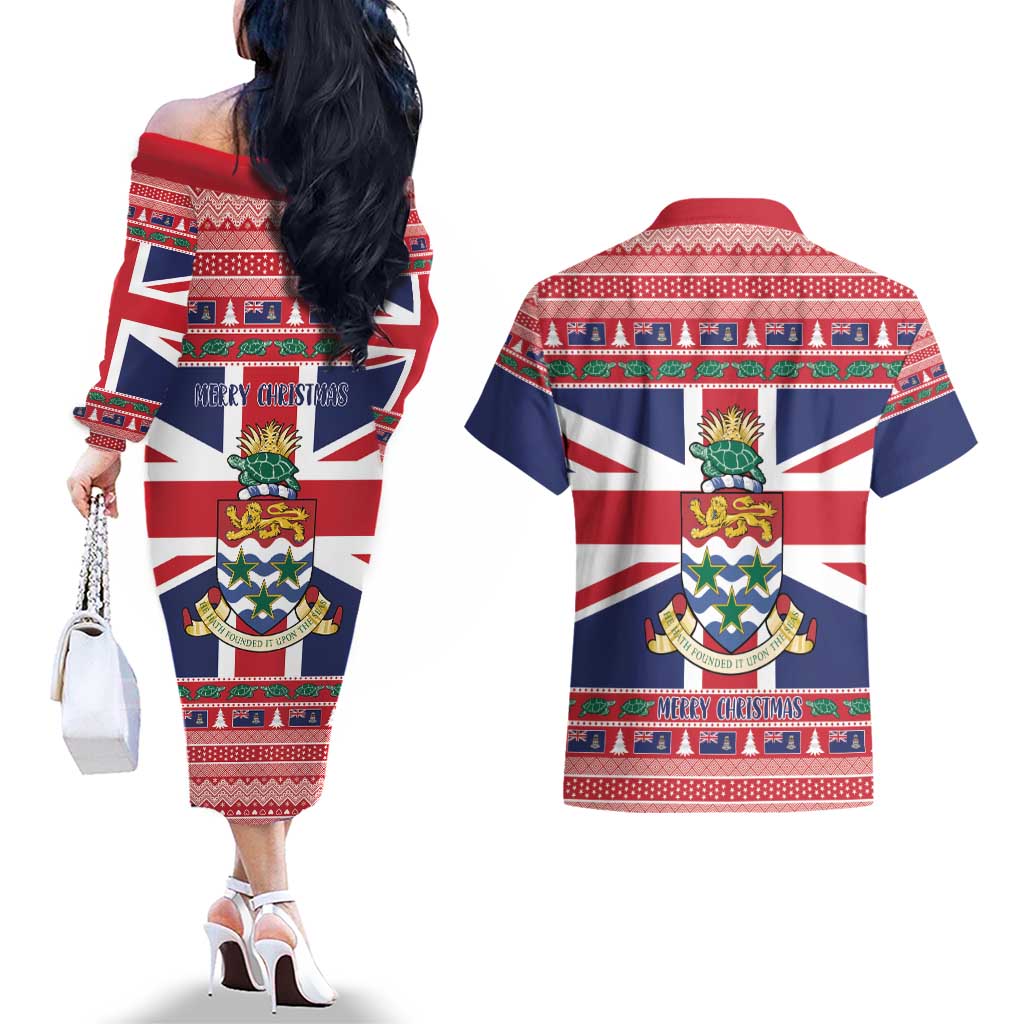 Cayman Islands Christmas Couples Matching Off The Shoulder Long Sleeve Dress and Hawaiian Shirt Coat Of Arms - Flag Style - Wonder Print Shop
