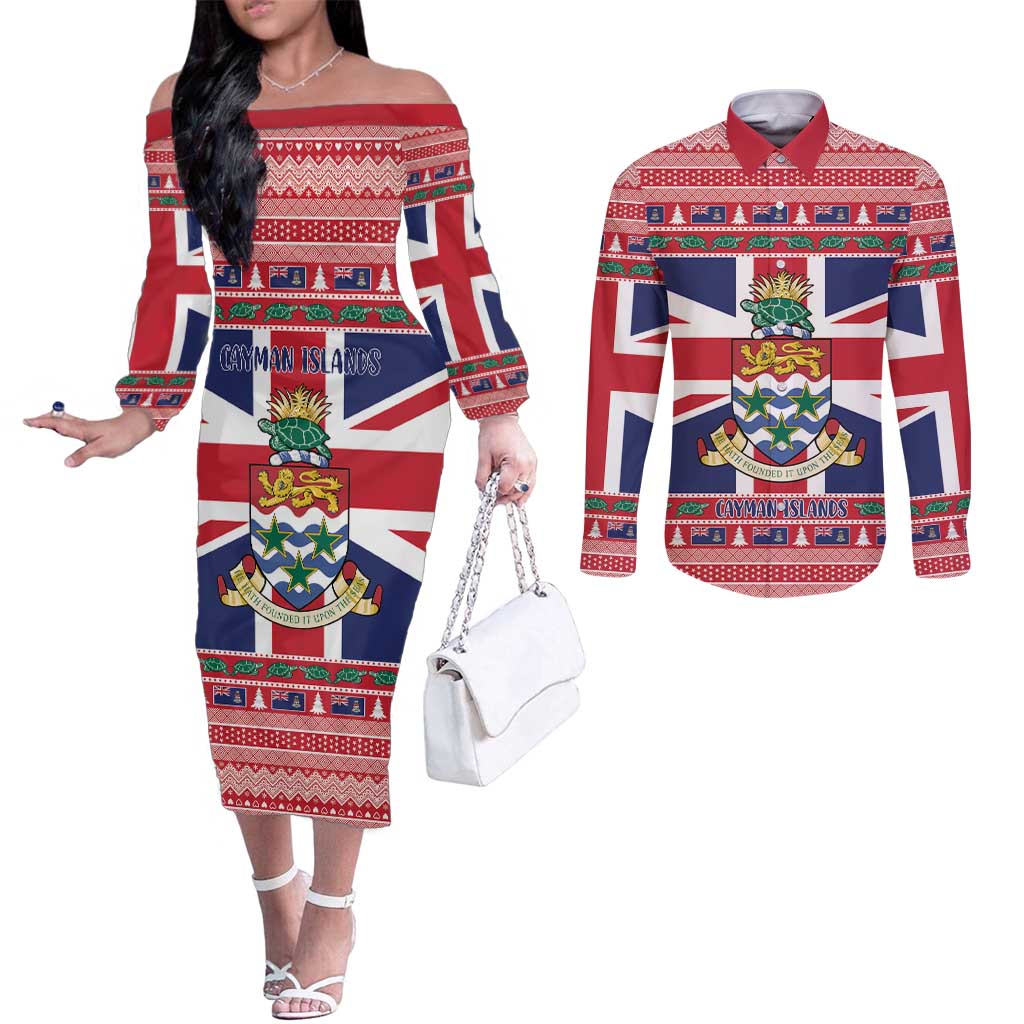 Cayman Islands Christmas Couples Matching Off The Shoulder Long Sleeve Dress and Long Sleeve Button Shirt Coat Of Arms - Flag Style - Wonder Print Shop