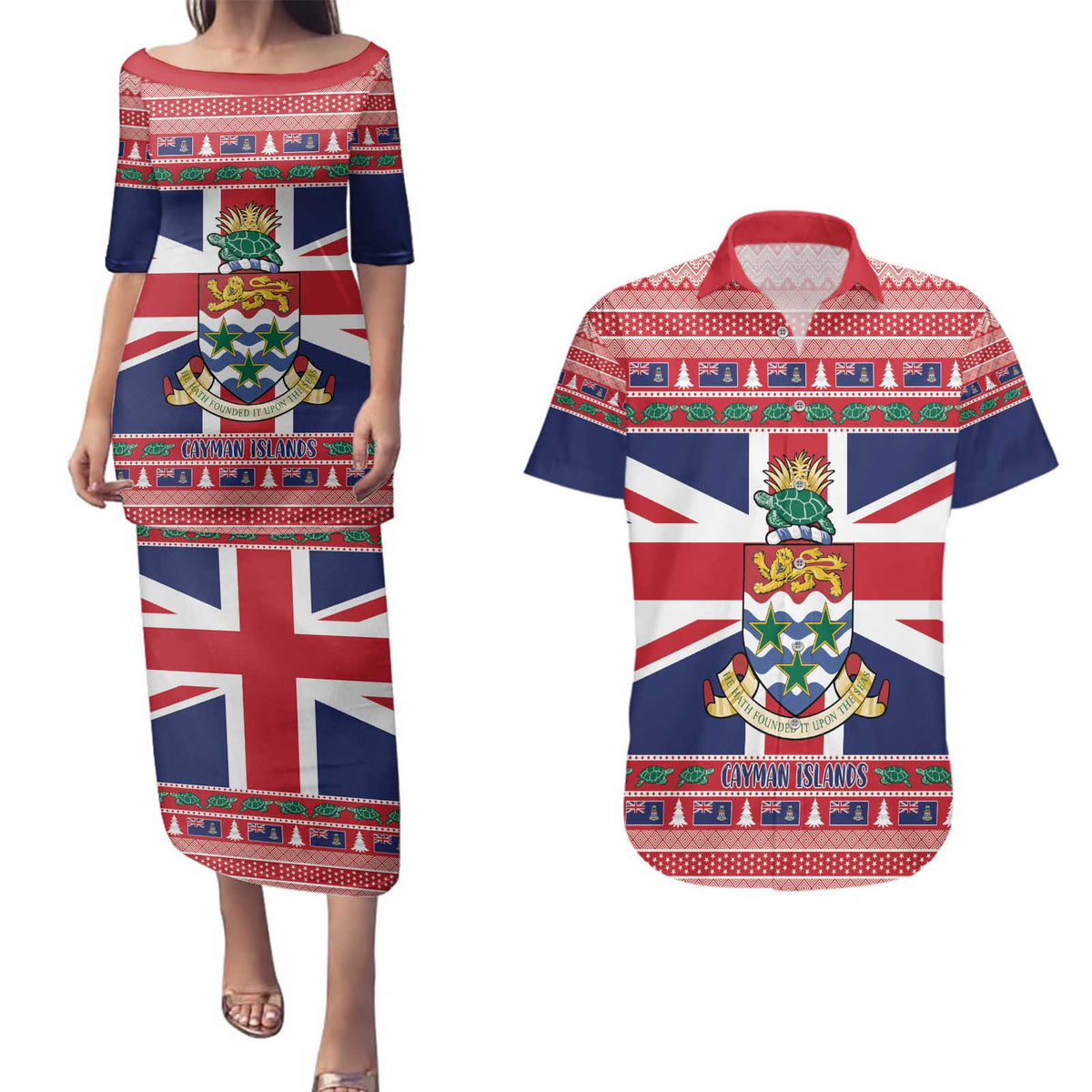 Cayman Islands Christmas Couples Matching Puletasi and Hawaiian Shirt Coat Of Arms - Flag Style - Wonder Print Shop