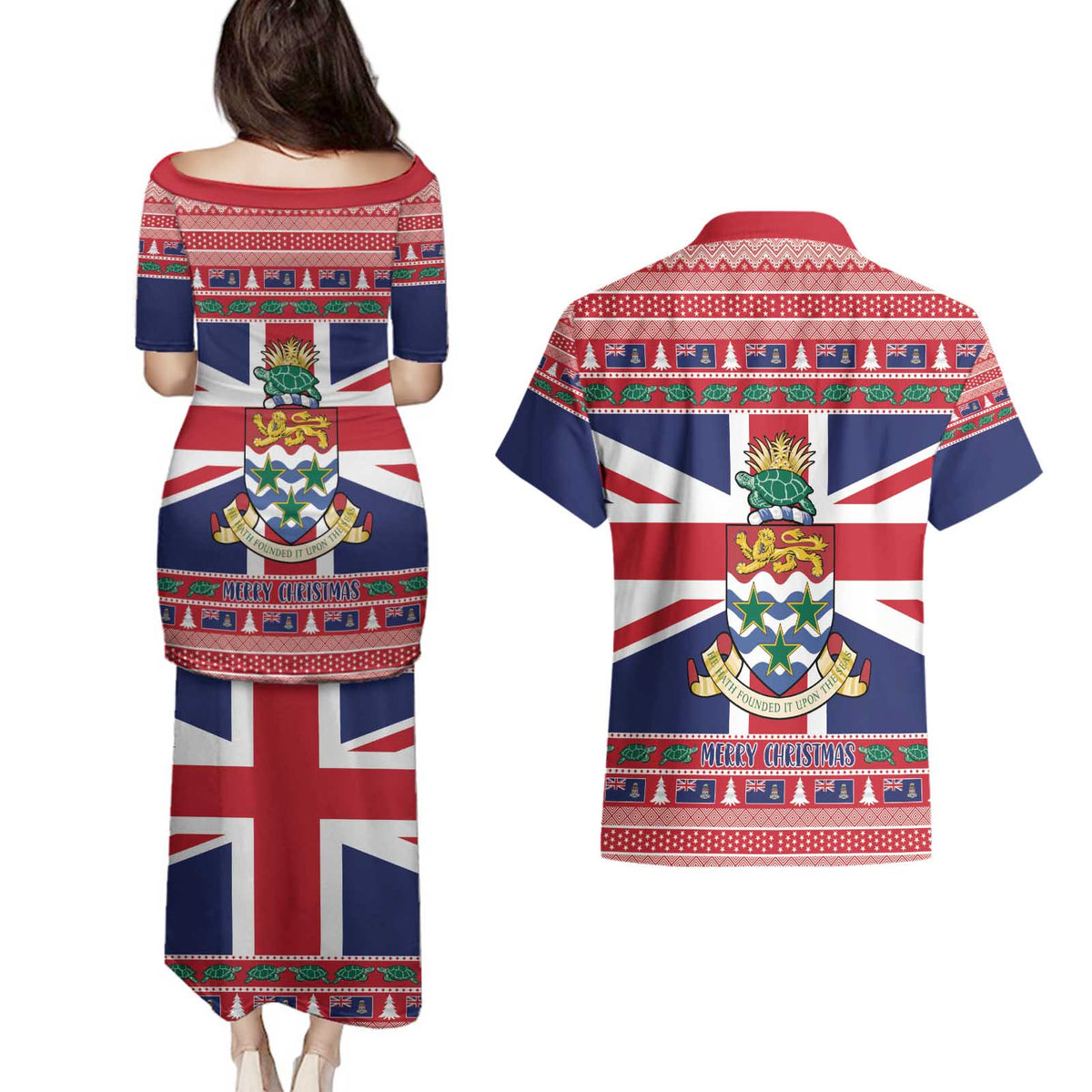 Cayman Islands Christmas Couples Matching Puletasi and Hawaiian Shirt Coat Of Arms - Flag Style - Wonder Print Shop