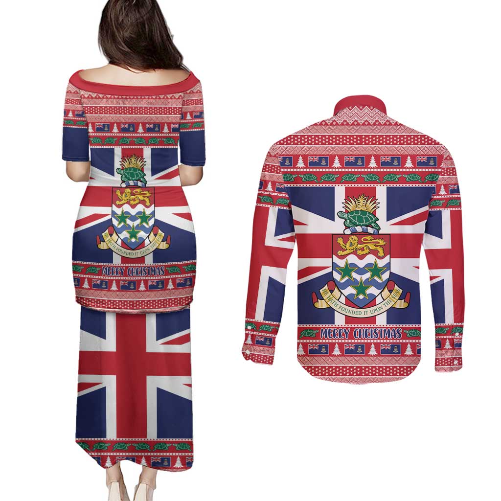 Cayman Islands Christmas Couples Matching Puletasi and Long Sleeve Button Shirt Coat Of Arms - Flag Style - Wonder Print Shop