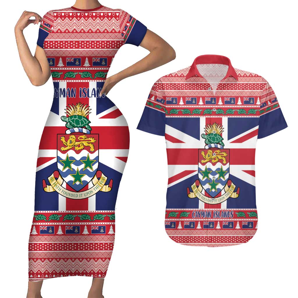 Cayman Islands Christmas Couples Matching Short Sleeve Bodycon Dress and Hawaiian Shirt Coat Of Arms - Flag Style - Wonder Print Shop