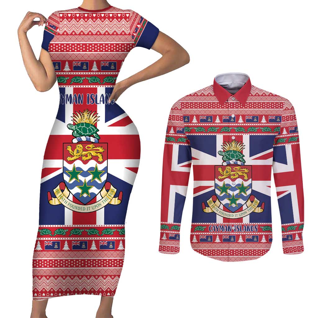 Cayman Islands Christmas Couples Matching Short Sleeve Bodycon Dress and Long Sleeve Button Shirt Coat Of Arms - Flag Style - Wonder Print Shop