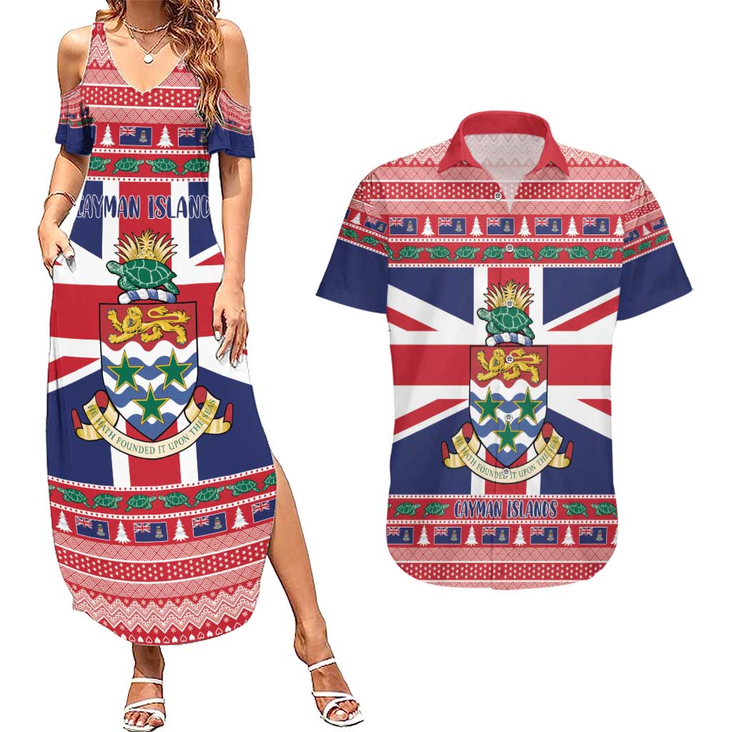 Cayman Islands Christmas Couples Matching Summer Maxi Dress and Hawaiian Shirt Coat Of Arms - Flag Style - Wonder Print Shop