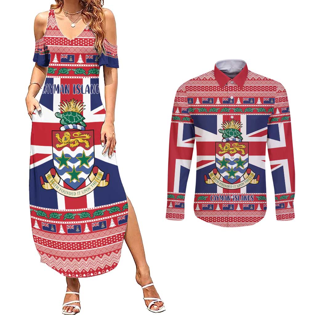 Cayman Islands Christmas Couples Matching Summer Maxi Dress and Long Sleeve Button Shirt Coat Of Arms - Flag Style - Wonder Print Shop