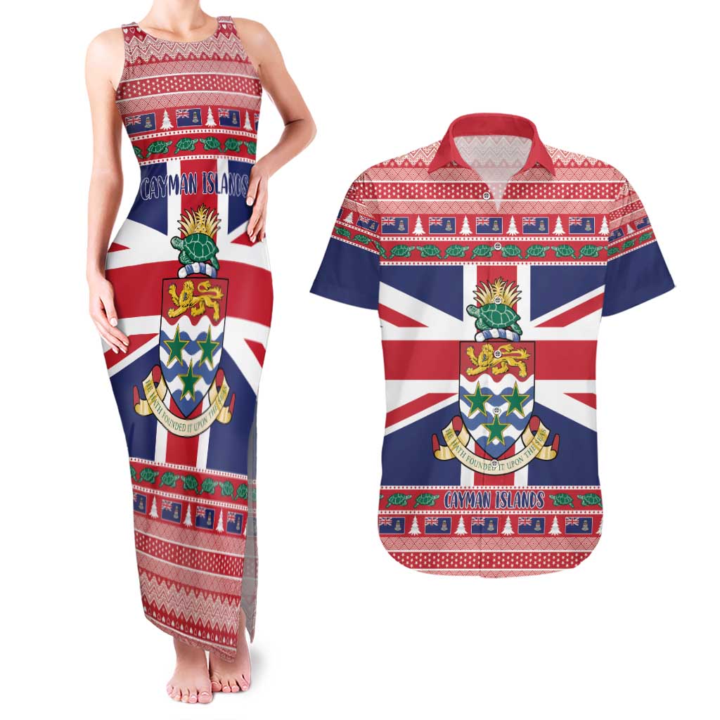 Cayman Islands Christmas Couples Matching Tank Maxi Dress and Hawaiian Shirt Coat Of Arms - Flag Style - Wonder Print Shop