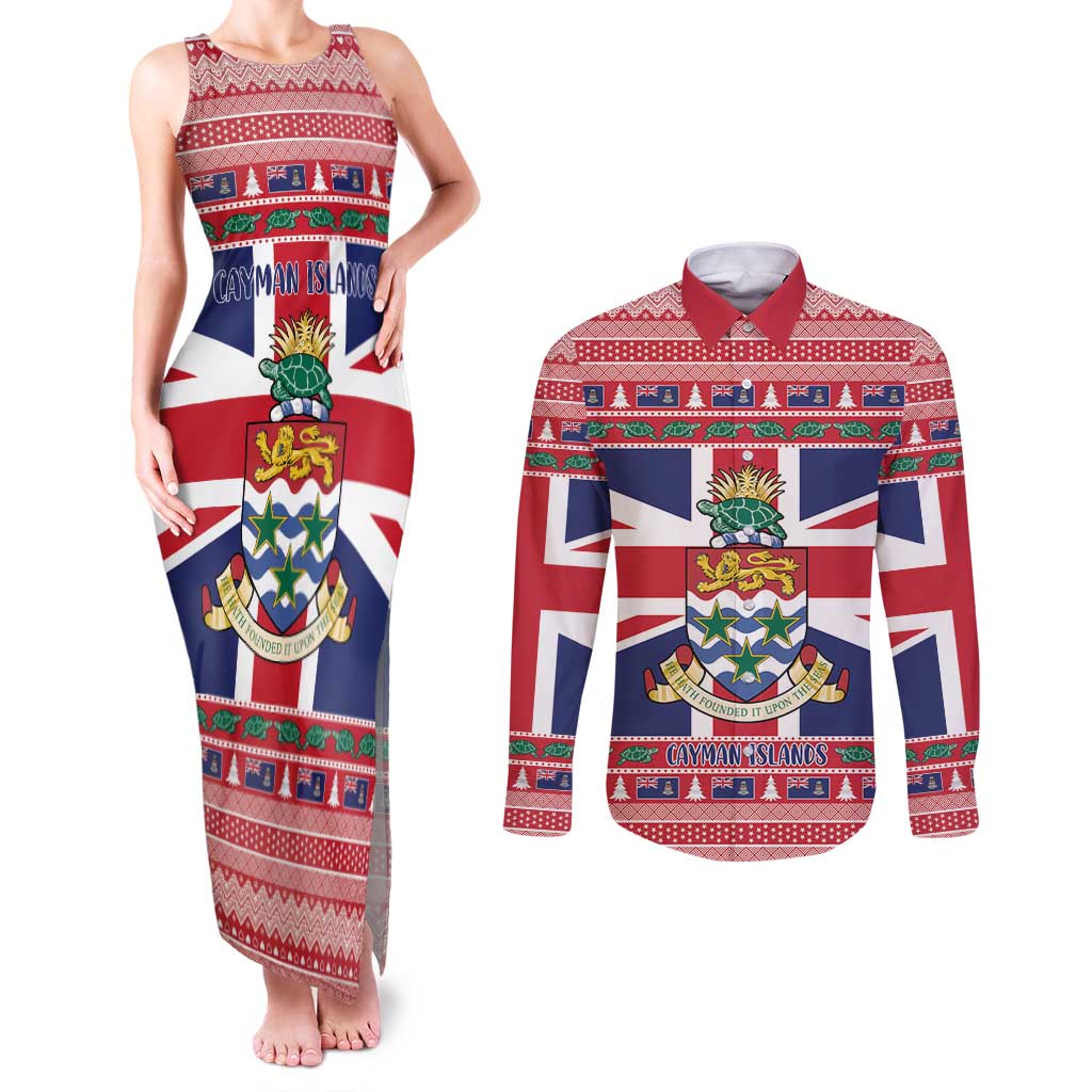 Cayman Islands Christmas Couples Matching Tank Maxi Dress and Long Sleeve Button Shirt Coat Of Arms - Flag Style - Wonder Print Shop