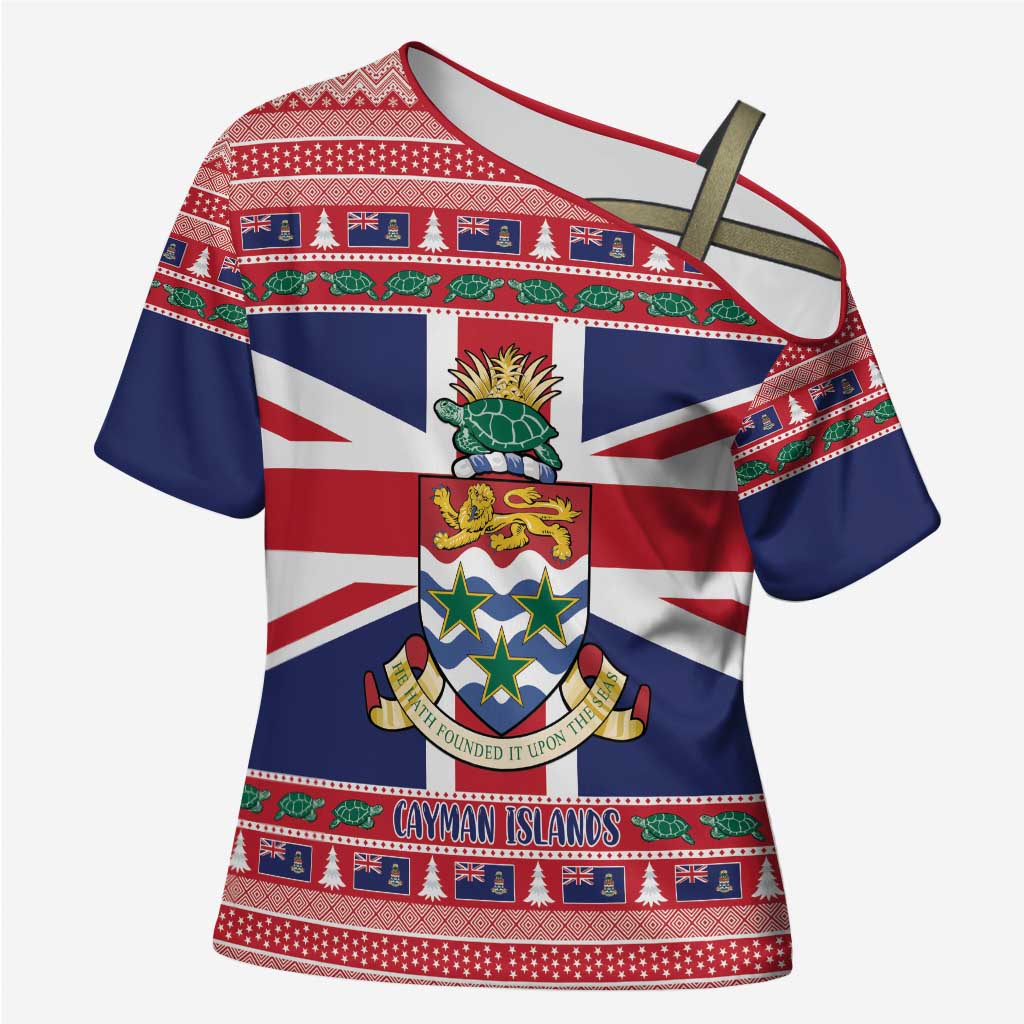 Cayman Islands Christmas Cross Shoulder Shirt Coat Of Arms - Flag Style - Wonder Print Shop