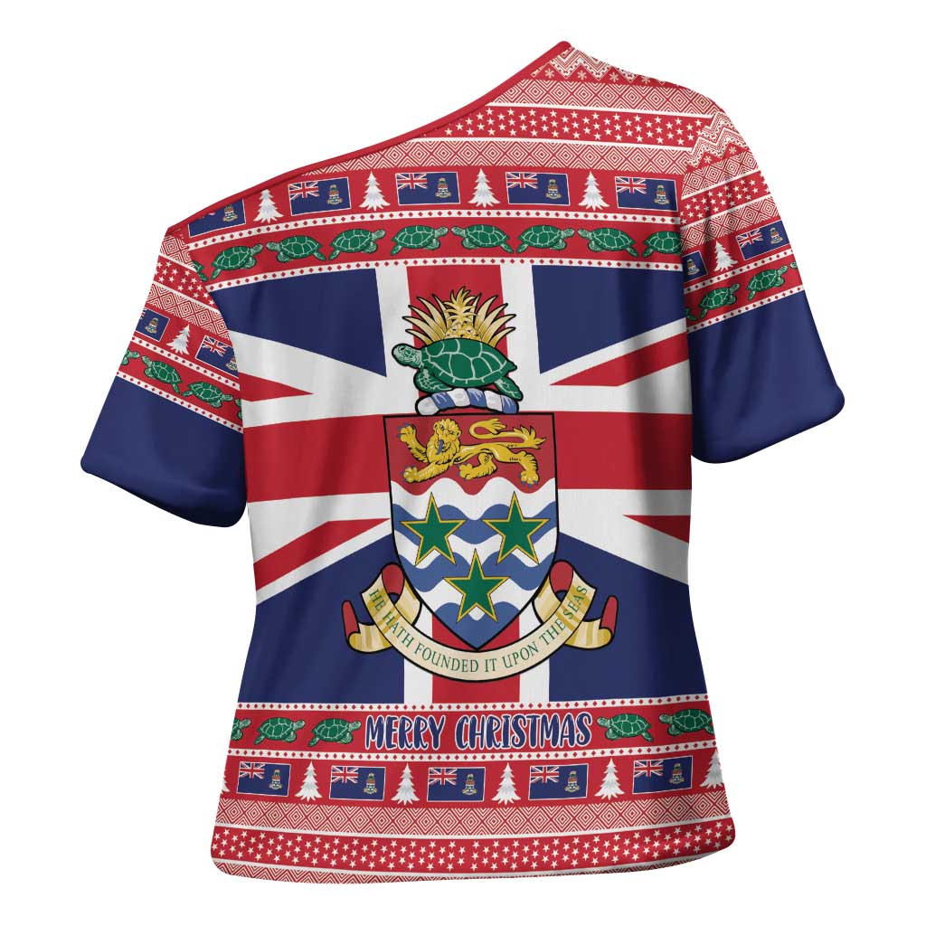 Cayman Islands Christmas Cross Shoulder Shirt Coat Of Arms - Flag Style - Wonder Print Shop