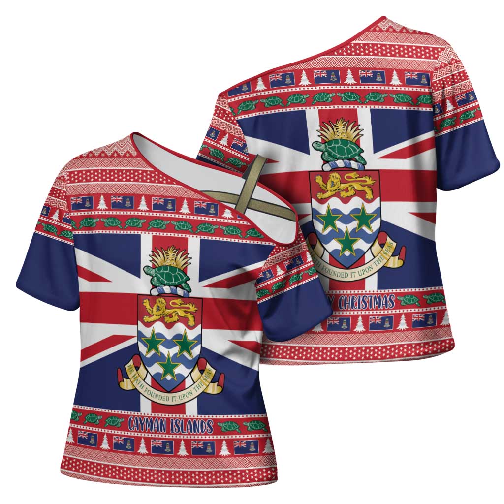 Cayman Islands Christmas Cross Shoulder Shirt Coat Of Arms - Flag Style - Wonder Print Shop