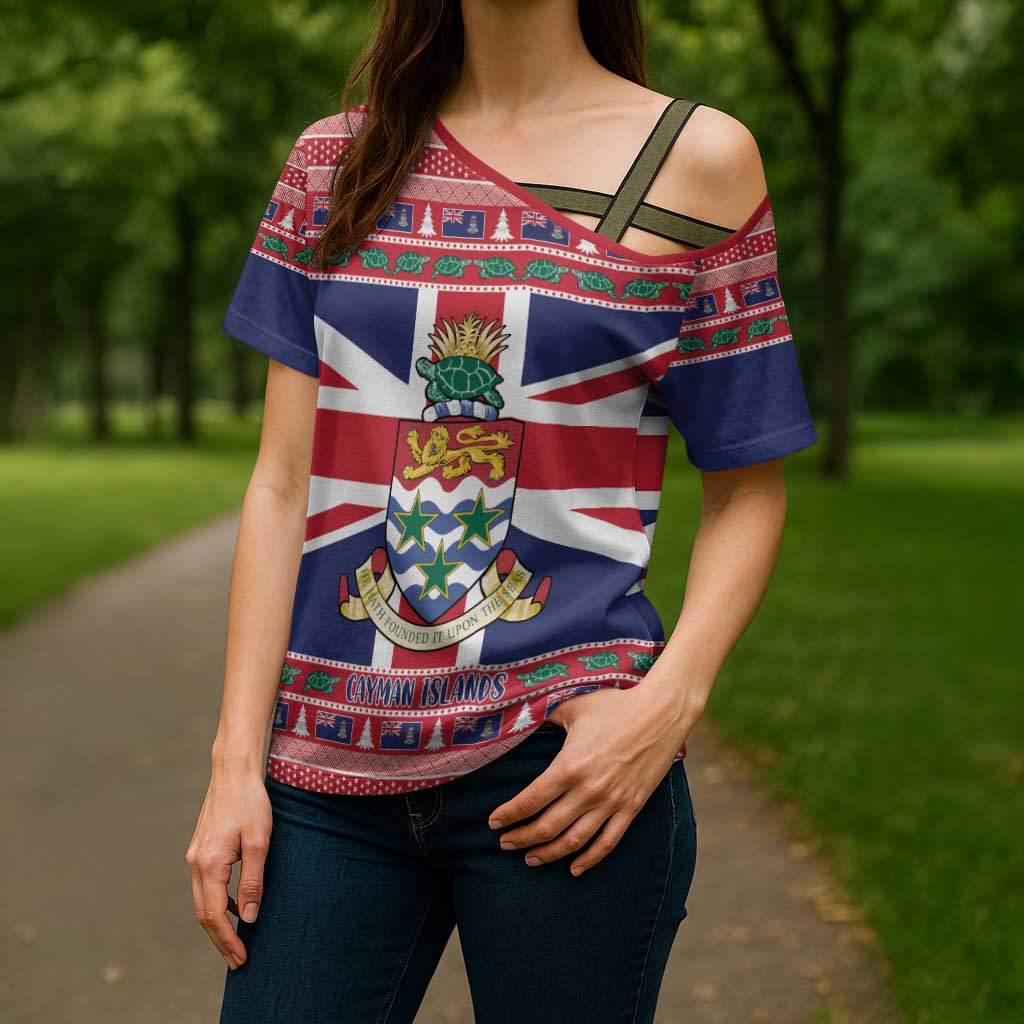 Cayman Islands Christmas Cross Shoulder Shirt Coat Of Arms - Flag Style - Wonder Print Shop