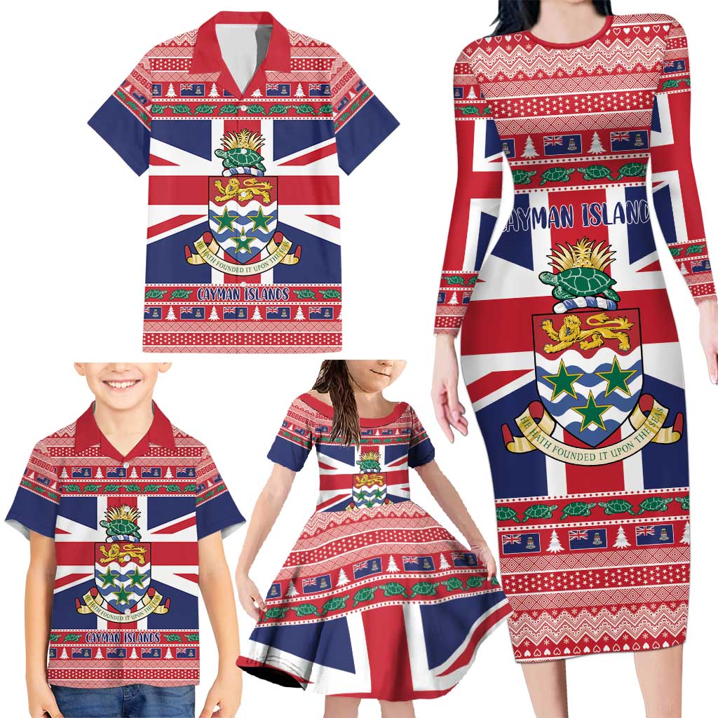 Cayman Islands Christmas Family Matching Long Sleeve Bodycon Dress and Hawaiian Shirt Coat Of Arms - Flag Style - Wonder Print Shop