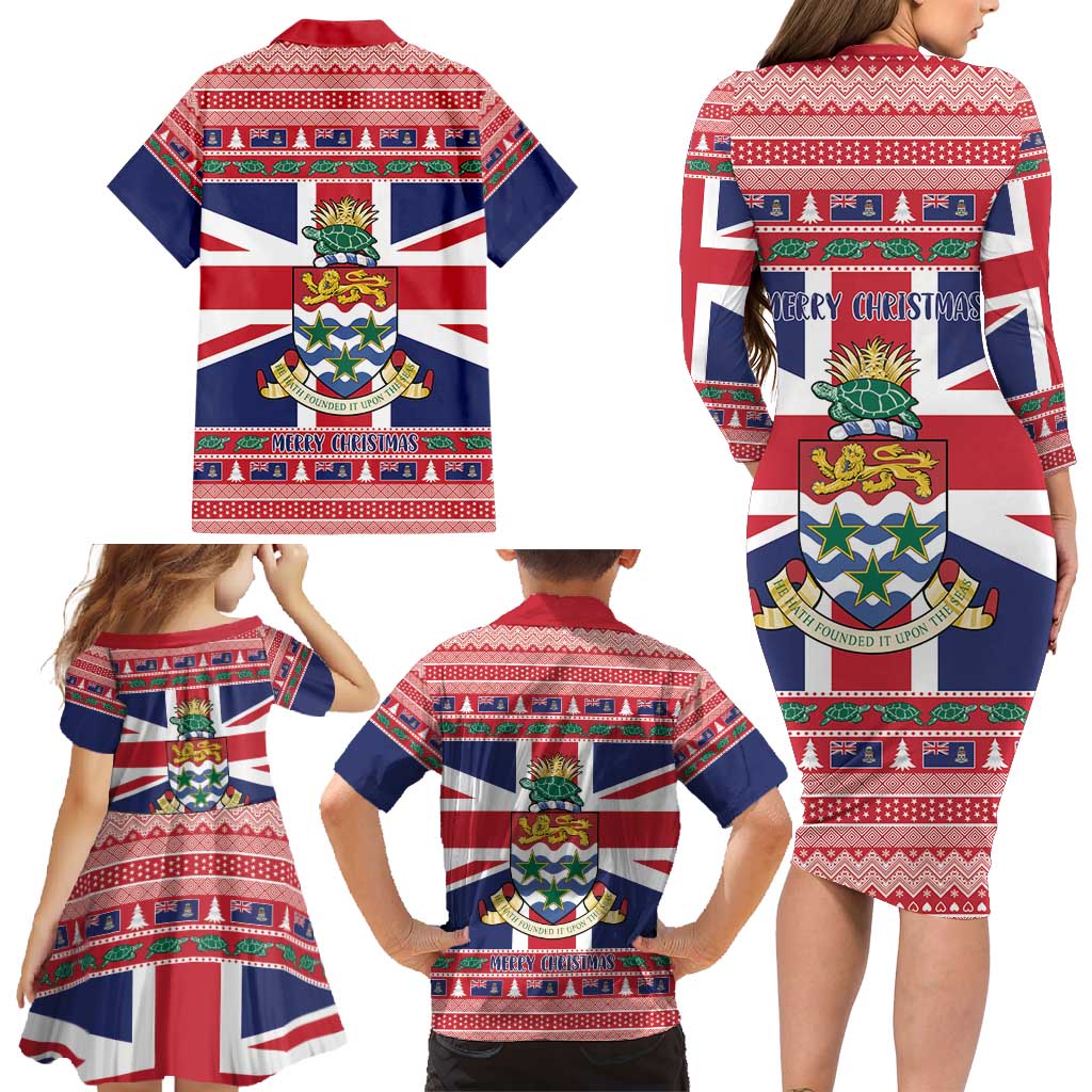 Cayman Islands Christmas Family Matching Long Sleeve Bodycon Dress and Hawaiian Shirt Coat Of Arms - Flag Style - Wonder Print Shop
