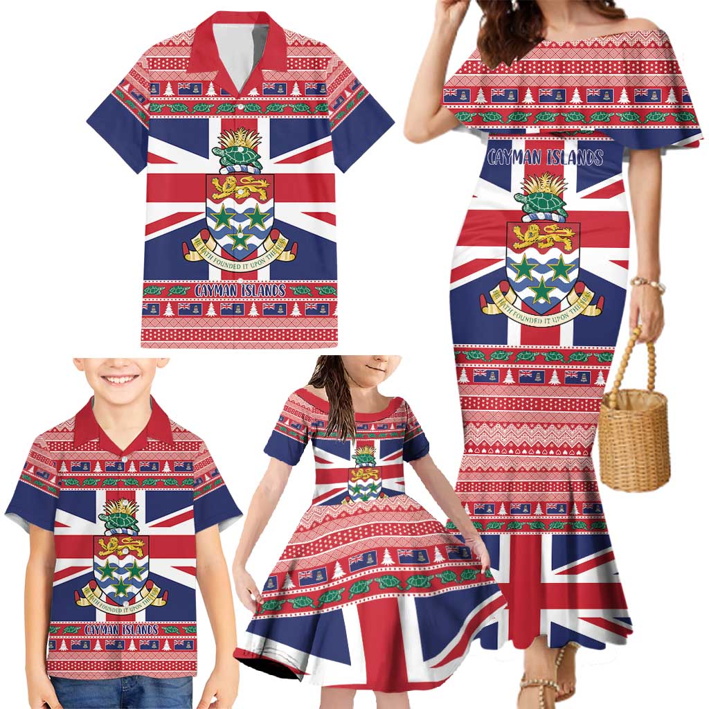 Cayman Islands Christmas Family Matching Mermaid Dress and Hawaiian Shirt Coat Of Arms - Flag Style - Wonder Print Shop