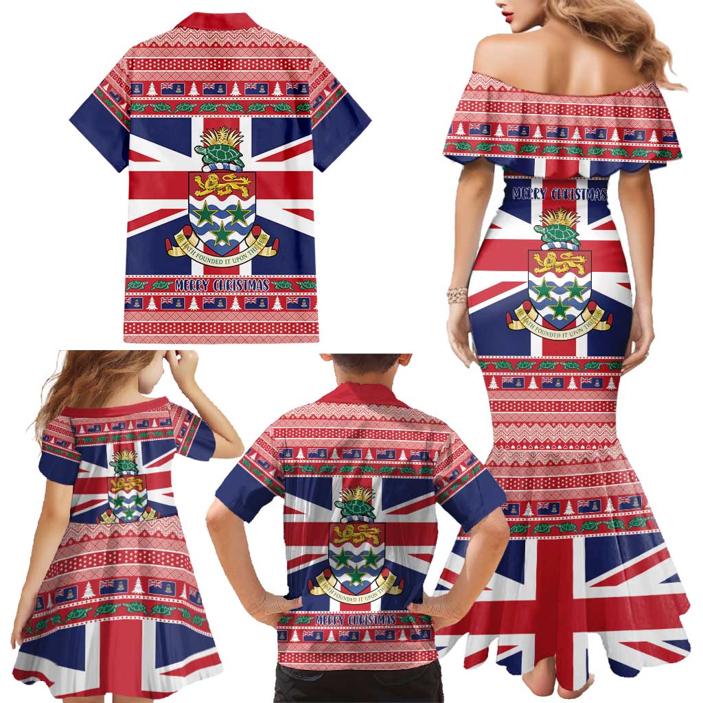 Cayman Islands Christmas Family Matching Mermaid Dress and Hawaiian Shirt Coat Of Arms - Flag Style - Wonder Print Shop